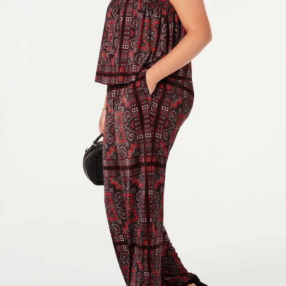 0X 2X 3X INC Black & Red Smocked Paisley Jumpsuit - Picture 4 of 6